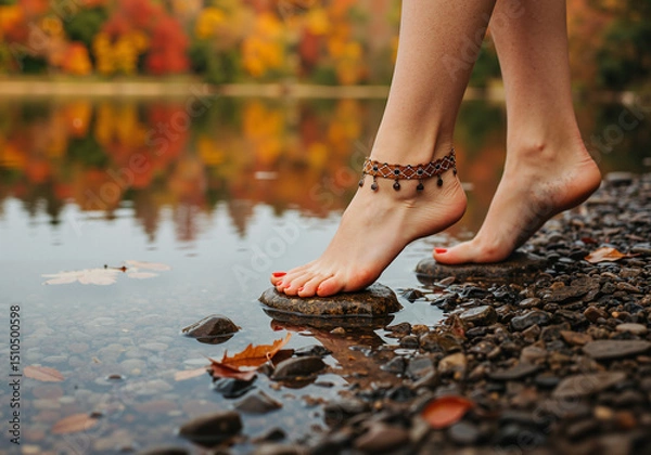 Fototapeta Feet with orange pedicure and boho anklet near autumn lake with colorful foliage

