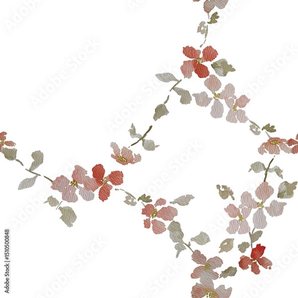 Fototapeta Delicate seamless pattern with a garland motif of flowers painted in watercolor on a transparent background