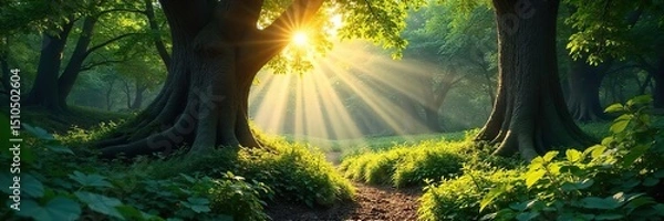 Fototapeta Sun-dappled forest floor, lush undergrowth, ancient trees, dappled sunlight filtering through leaves A sense of untamed wilderness pervades the scene , branches, ground