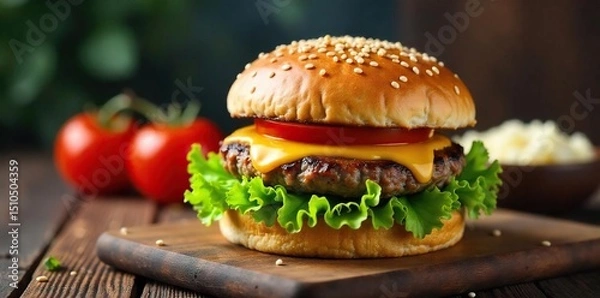 Fototapeta Juicy grilled burger on a toasted sesame seed bun, with melted cheese, crisp lettuce, and ripe tomato Perfect for a summer barbecue or casual meal , cheese, barbecue, american