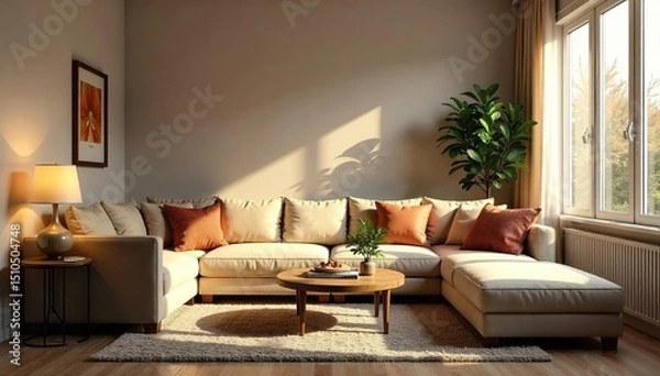 Fototapeta Cozy living room with warm lighting, comfortable furniture, and stylish decor, perfect for a relaxing atmosphere , modern, tranquil