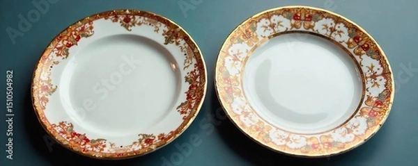 Fototapeta Close-up of two mismatched dinner plates, one ornate, one plain, representing a contrasting couple, perhaps reflecting differences in personality or lifestyle , smooth, serving