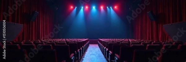 Fototapeta A darkened theater stage, spotlights illuminating empty chairs, suggesting a performance about to begin or recently concluded in a unique sensory experience , chairs, accessibility, unseen