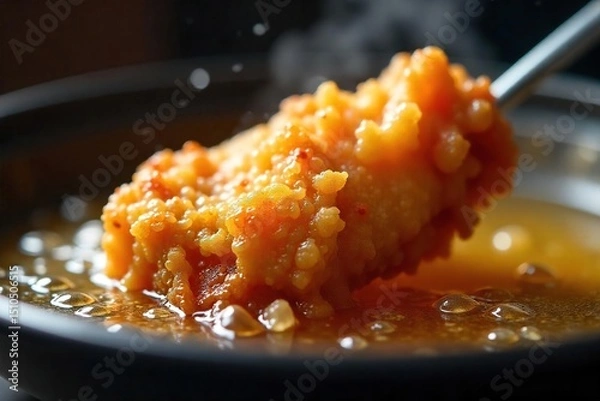 Fototapeta Close-up shot of a sizzling, golden-brown piece of fried chicken emerging from a deep fryer, hot oil bubbling around it Steam rises, highlighting the crispy texture , bubbling, meat