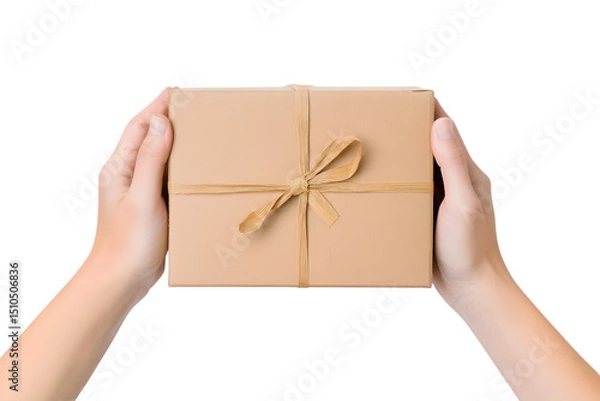 Fototapeta Close up cropped men hold in hands give brown clear blank paper empty cardboard box isolated on white background. Ai Generated Images
