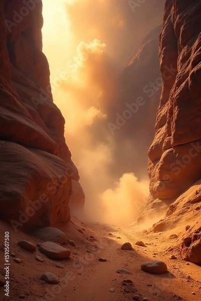 Fototapeta A violent dust storm rages through a deep, narrow canyon, obscuring the towering rock walls in swirling sand and wind The intense light reveals the power of nature's fury , powerful, canyon