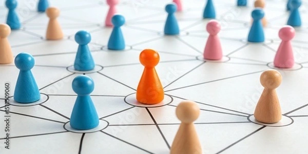 Obraz Colorful wooden figures connected by lines, representing a social network, isolated on white background