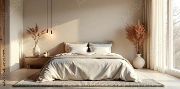 Fototapeta Serene bedroom interior, soft lighting highlights calming neutral tones and plush textiles Minimalist decor creates a peaceful atmosphere perfect for relaxation and sleep , comfort, design, retreat