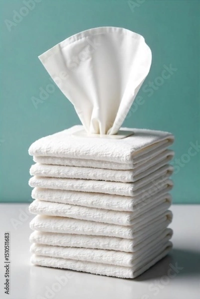 Fototapeta A stack of fresh, clean bathroom wipes in a dispenser, ready for use Close-up shot highlighting the soft texture and convenient packaging , hygiene, cleaning wipes, convenient