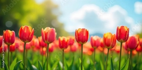 Fototapeta Vibrant tulips bursting into bloom in a lush green field under a bright spring sky Perfect for springtime themes, gardening, Easter, and fresh beginnings , sky, botany
