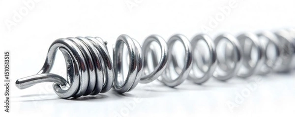 Fototapeta Intricate metal coil spring, tightly wound and gleaming, isolated on a white background Perfect for industrial, mechanical, or abstract design projects Shows texture and detail , spring, mechanical