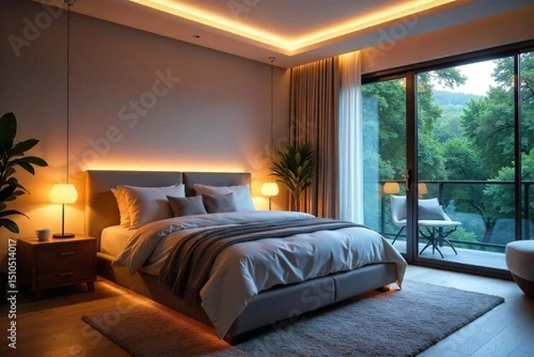 Fototapeta Create a serene and calming atmosphere in your master bedroom with this stunning lighting setup Soft ambient glow, perfect for relaxation and sleep , pendant lights, room