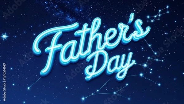 Fototapeta Vibrant, cursive "Father's Day" neon text, reminiscent of retro signage, glows with a soft blue aura, suspended against a deep, dark navy blue night sky speckled with twinkling white stars and intrica