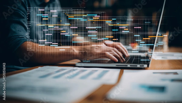 Fototapeta Business professional analyzing big data visualization on laptop computer screen