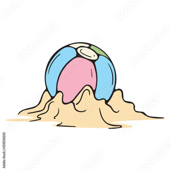 Obraz Inflatable children's ball in the sand. Relaxation on the beach. Vector illustration isolated on a white background for print, icons, stickers