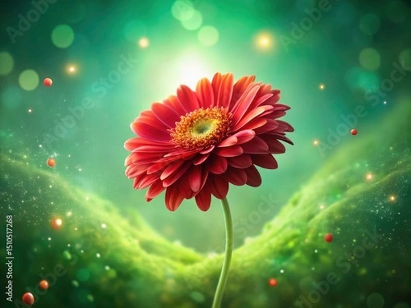 Fototapeta Surreal Red Flower Floating Green Screen - Dreamlike Floral Photography, Abstract Botanical Art, Fantasy Bloom