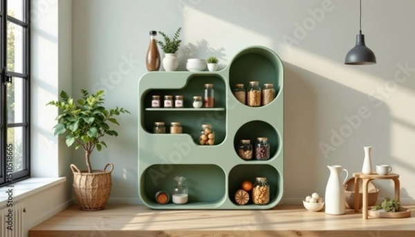 Fototapeta modern spice rack in a minimalist style, using faded green palette, smooth shapes, airy design, contemporary feel, high resolution