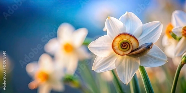 Fototapeta Tilt-Shift Miniature Snail on Narcissus Flower - Macro Photography