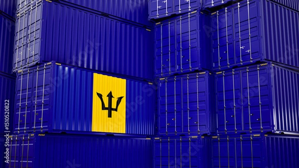 Obraz Cargo shipping container with barbados flag, shipping and freight transportation of barbados concept.