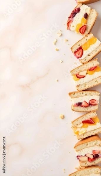 Obraz Soft Gourmet Layered Cake Border on Pale Marble — Elegant Dessert Frame with Fruits