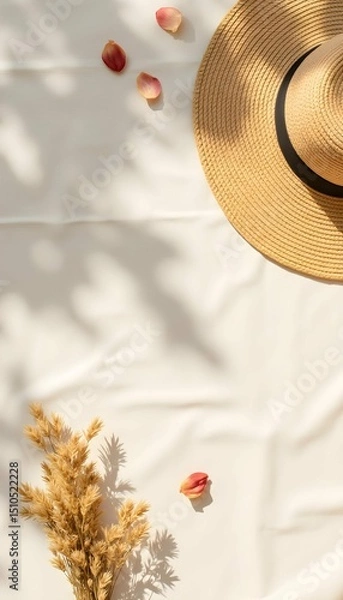 Obraz Straw Hat with Shadow on Linen — Soft Summer Flat-Lay on Terrace