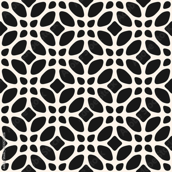 Fototapeta Vector black and white floral ornament. Abstract geometric seamless pattern with flower silhouettes, leaves. Simple monochrome background in oriental style. Endless ornamental texture. Repeated design