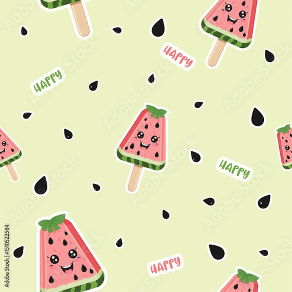 Obraz Seamless Pattern with Cute Watermelon Ice Cream Characters on Light Background – Vector Design for National Watermelon Day, Summer Decor, Kids Textile and Seasonal Holiday Projects