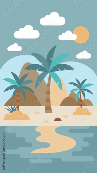 Fototapeta Tropical beach scene featuring stylized palm trees, sandy shore, calm water, and distant mountains under a bright sun and fluffy clouds, evoking a serene vacation atmosphere