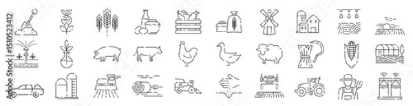 Fototapeta Vector icons depict various agricultural elements and farming practices