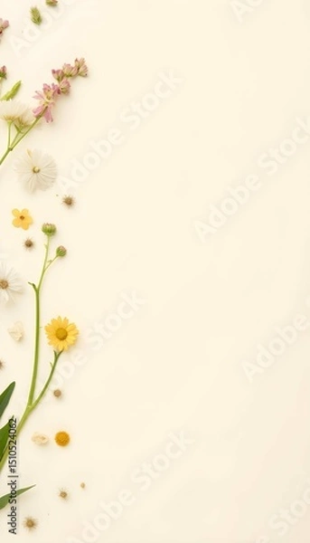 Obraz Pastel Meadow Flowers Border on Neutral Canvas — Vertical Floral Frame Design