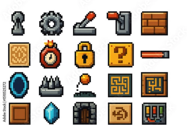 Obraz Pixel Game Elements Collection Featuring Icons for Adventure Games