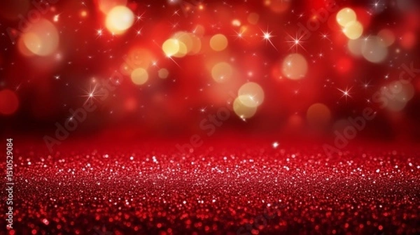 Fototapeta Red bokeh lights shine above glitter surface shimmering brightly. AI generated