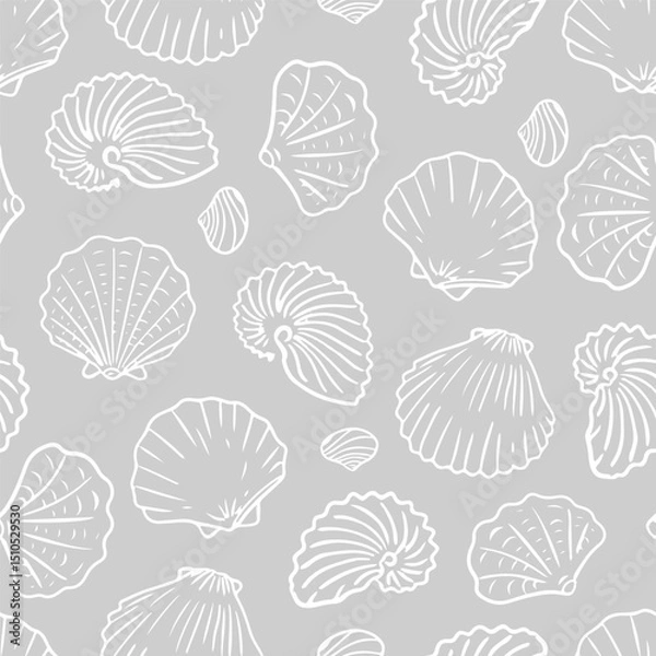 Fototapeta Seamless pattern of sea shells in various shapes on a light grey background. Hand-drawn vector illustration.