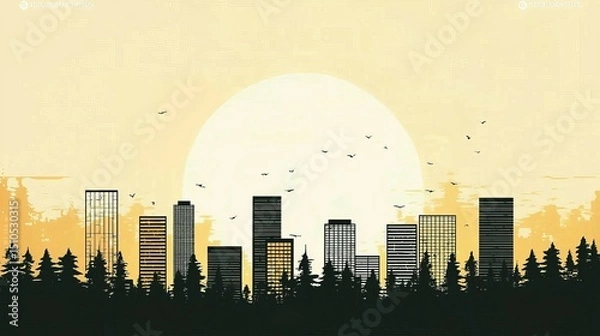 Fototapeta wildfire and architecture concept. Urban skyline silhouette against a large sunset backdrop.
