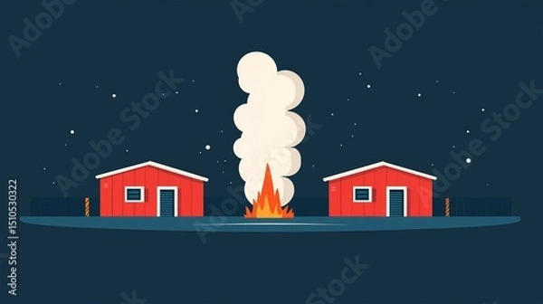 Fototapeta wildfire and architecture concept. Illustration of two red buildings and a fire with smoke on a dark background.