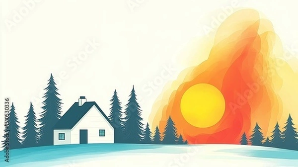 Fototapeta wildfire and architecture concept. A serene landscape with a house, trees, and a vibrant sunset.