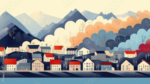 Fototapeta wildfire and architecture concept. Colorful village landscape with mountains and clouds in the background.