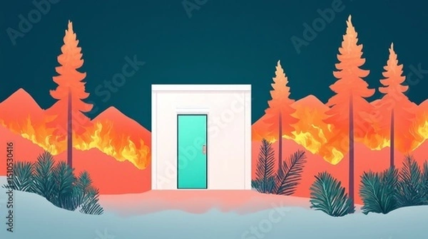 Fototapeta wildfire and architecture concept. Surreal landscape with a cabin amidst vibrant, fiery foliage.