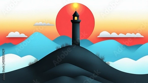 Fototapeta wildfire and architecture concept. Colorful landscape featuring a lighthouse against a sunset backdrop.