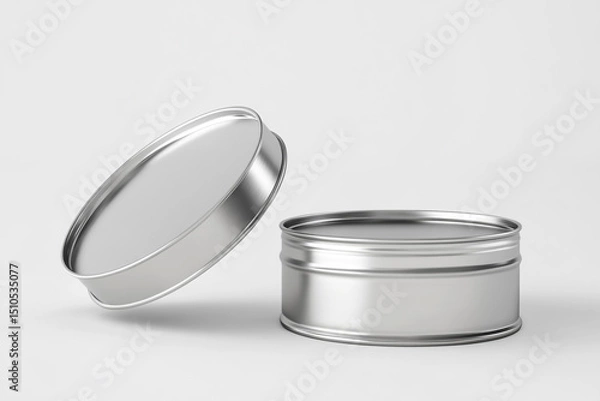 Fototapeta A realistic open tin can with the lid raised up, white background, product photography, studio lighting, high resolution