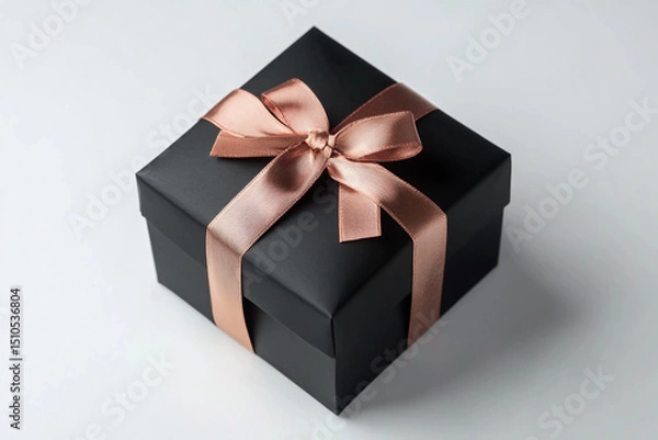 Fototapeta Black gift box with a copper ribbon, a white background, with no shadow