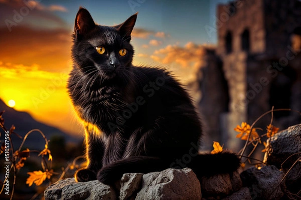 Fototapeta Majestic black cat sits regally on stone wall, gazing serenely. Stunning sunset backdrop with distant castle ruins, golden hour glow, autumn leaves adorn scene.