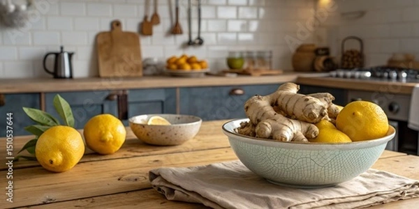 Fototapeta Healthy food photography background - Fresh ginger root and lemons in bowl on rustic wooden table in kitchen