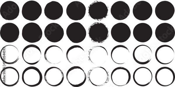 Fototapeta Round brush paint strokes. Black ink circles. Vector grunge calligraphic circular smears. Grungy black Chinese ink dot set. Paintbrush line border frames.
