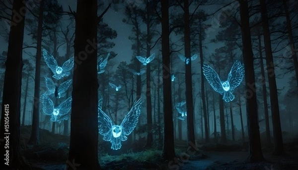 Fototapeta Ethereal Owls Glowing in a Mystic Forest Under the Moonlit Sky