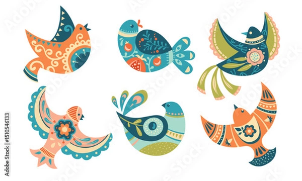 Obraz A collection of Colorful Illustrated Birds depicted in an enchanting Folk Art Style