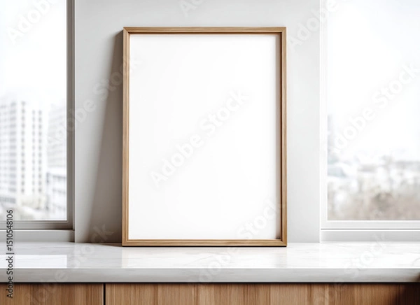 Fototapeta Blank wooden frame mockup standing on a kitchen countertop near large windows, ideal for showcasing artwork, prints, or poster designs in a modern home setting