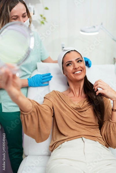 Obraz Beautiful and happy young woman sitting in medical chair and looking in the mirror. She is satisfied after successful beauty treatment with hyaluronic acid fillers or botulinum toxin injections.
