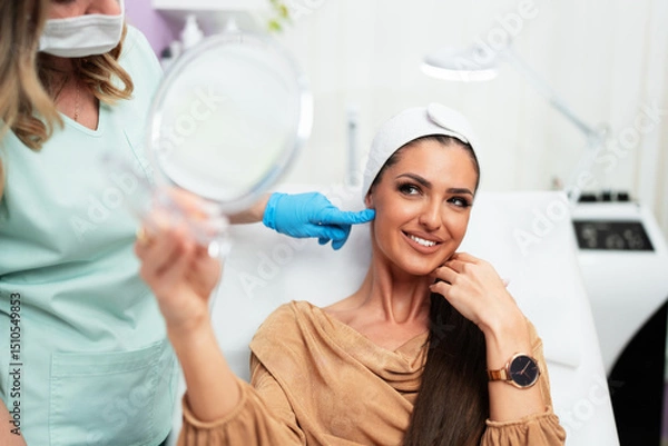 Obraz Beautician wearing blue gloves points at a patient's face, highlighting the results of a facial treatment in a beauty salon, while the woman looks happy and satisfied in the mirror