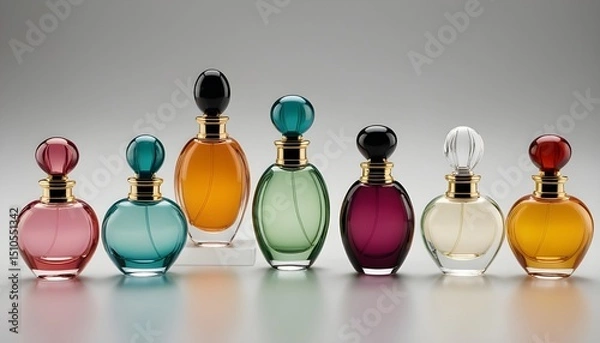 Fototapeta Elegant Collection of Colorful Perfume Bottles with Golden Accents